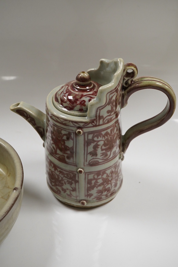 A Chinese underglaze copper red ewer and cover and a crackle glaze tripod dish, 17.5cm high